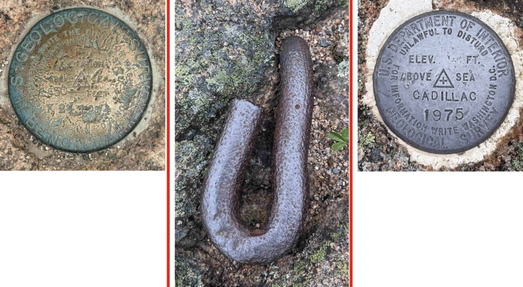 Photos of other marks on Cadillac Mountain. From left to right, K 24 1934, Cadillac Ground and Cadillac 1975. (Credit: Dave Zilkoski) 